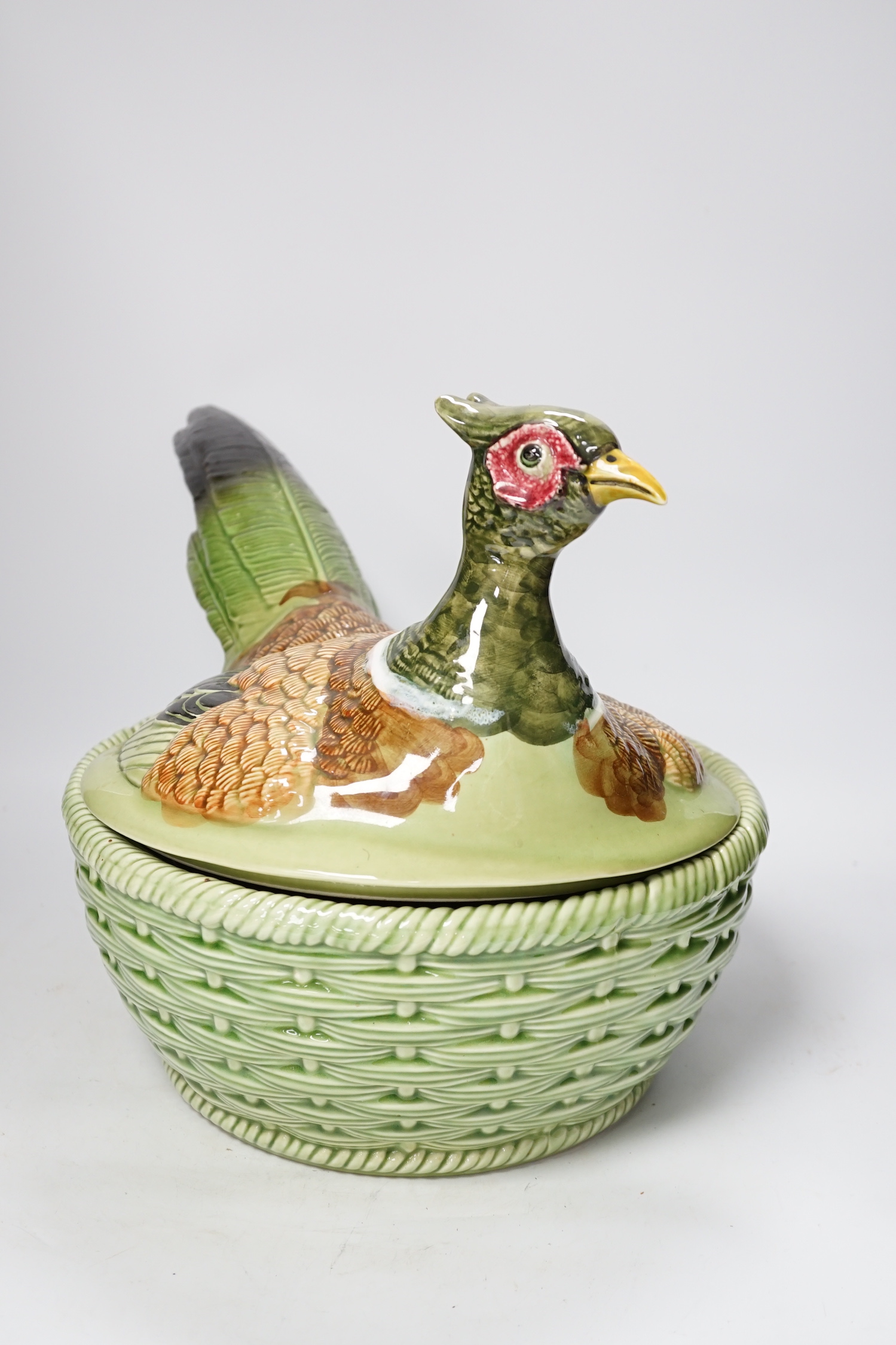 A large modern majolica style 'nesting pheasant' bowl and cover, bowl diameter 29.5cm